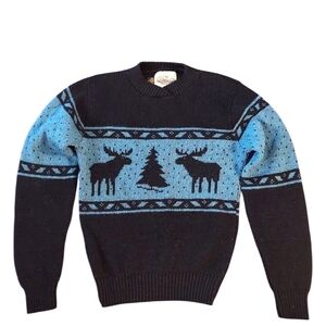 Classic Ladies Wool Black and Blue Moose Crewneck Sweater